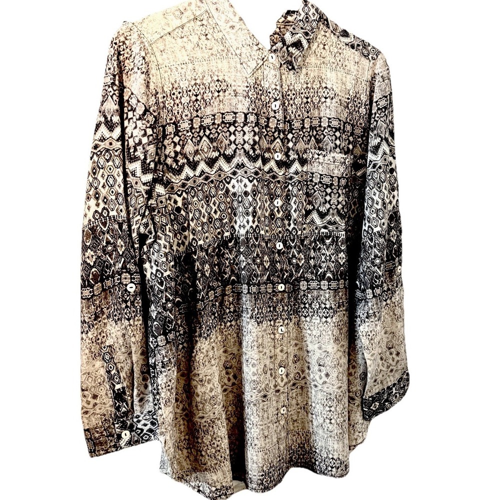 Women 2X Blouse 3/4  Roll Tab Sleeves Beige gray Button Up Rayon Boho Indie